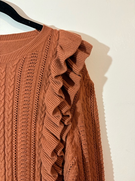 Love riche Ruffle-Trim Cable Knit Sweater women’s Large Rust ruffled shoulders - Picture 3 of 10